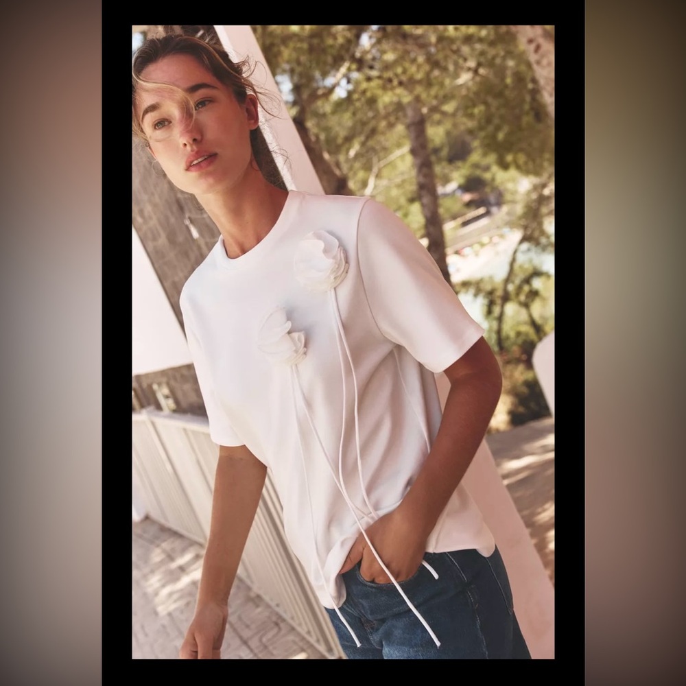 Zara White Tonal Floral T-shirt | Short Sleeves | XL | Cotton | NWT Sold Out